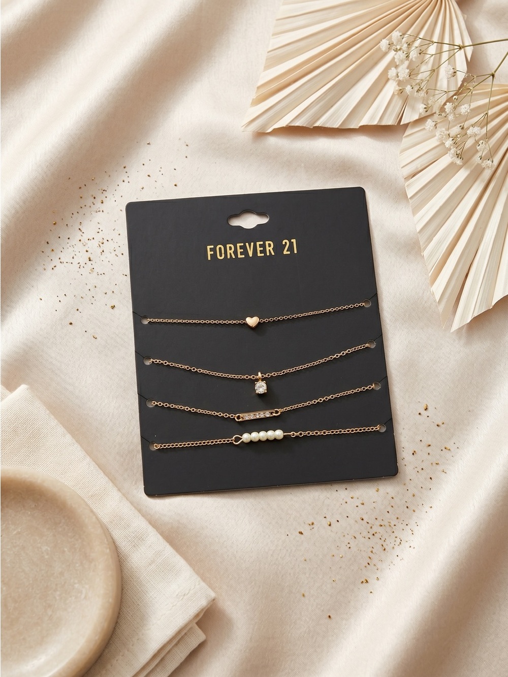 Forever 21 Gold Tone Layered Bracelet Set Heart Pearl Rhinestone 4 Piece New